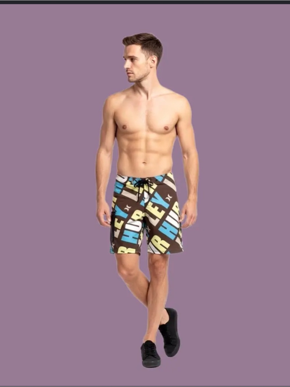 Vintage Hurley Men’s Brown, Blue & Yellow Logo-Print Board Shorts